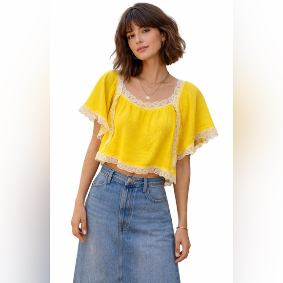 Tops - Vintage Handmade Yellow Lace Boho Blouse | Flowy Cottagecore Top